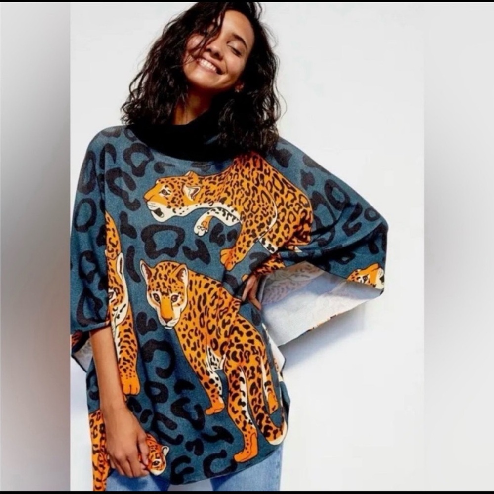 NWT Anthropologie - Conditions Apply Leopard Cheetah Poncho Sweater - size M/L